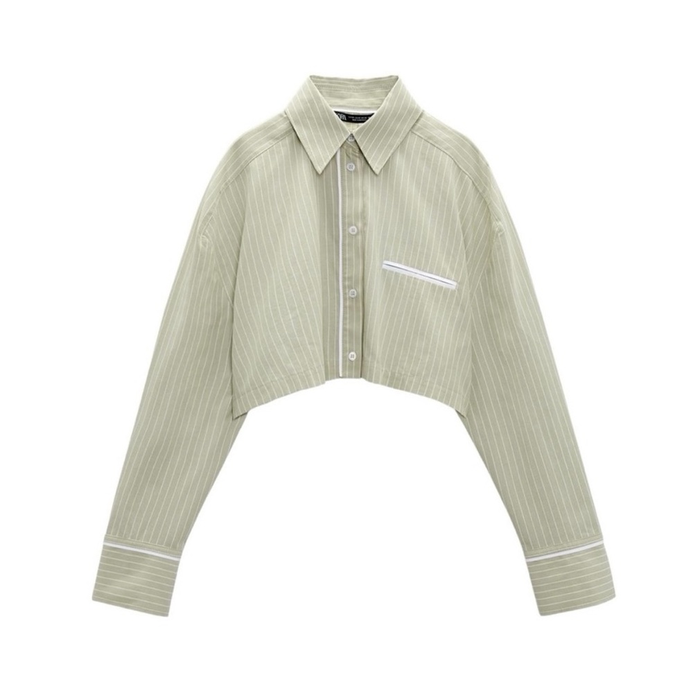 Zara Green Striped Poplin Crop Shirt